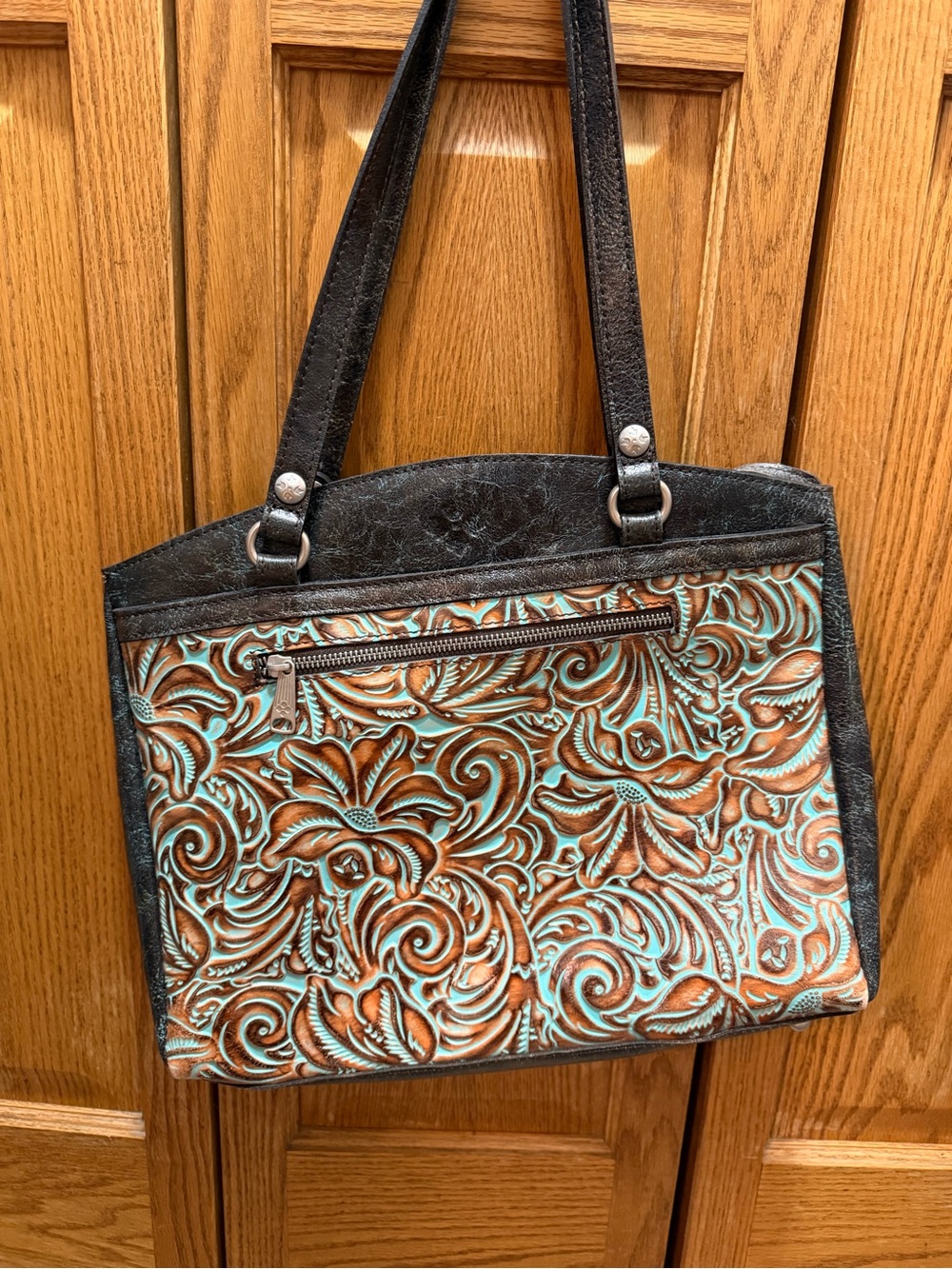 Myra tooled Floral Leather Tote in Turquoise,Black & Brown